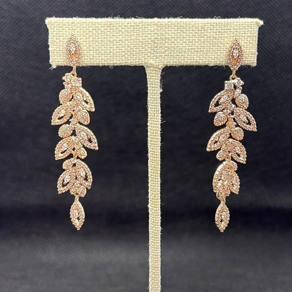 Rose Gold Vermeil Leaf Crystal Drop Earrings